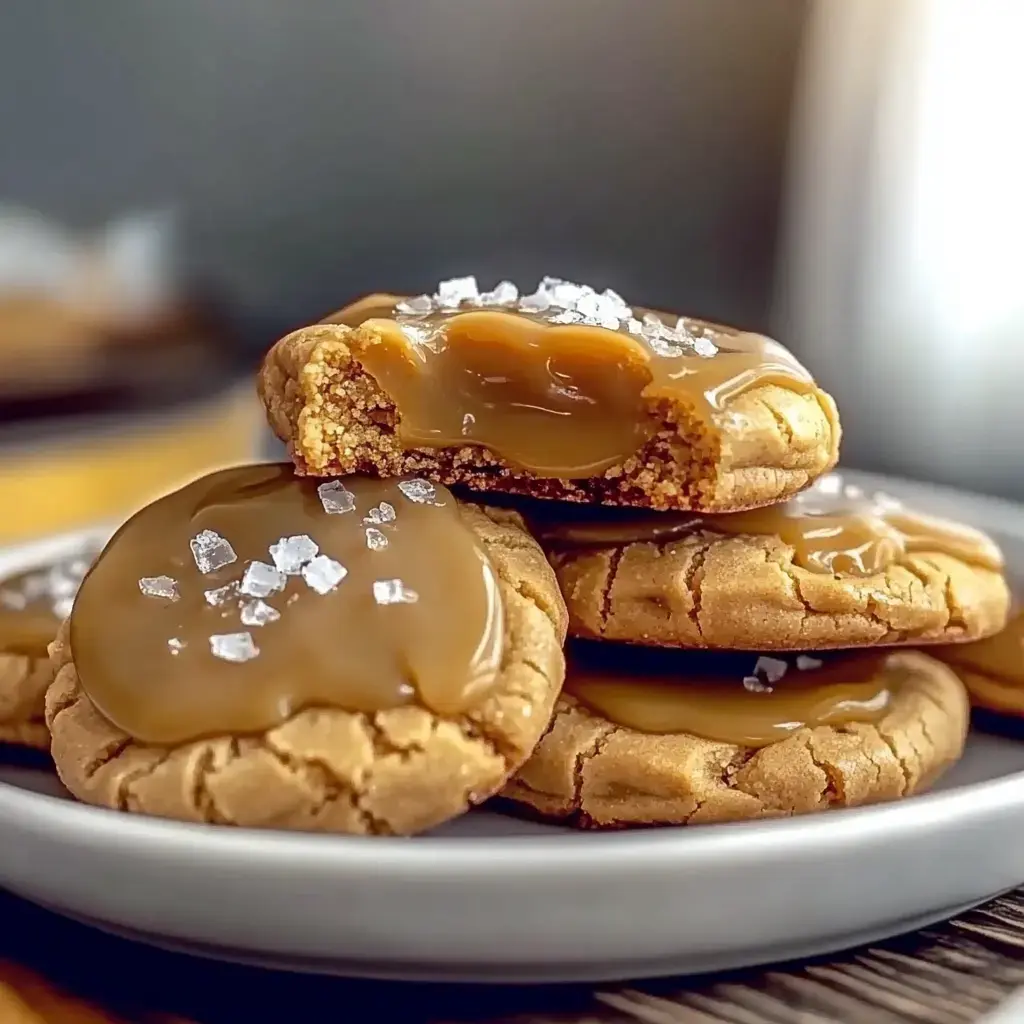 A plate of caramel-filled cookies topped with flaky sea salt, with one cookie partially bitten into, revealing the gooey filling.