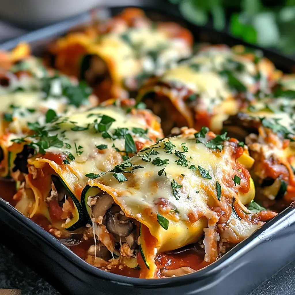 A close-up view of baked zucchini lasagna rolls filled with meat and topped with melted cheese and herbs in a dark dish.