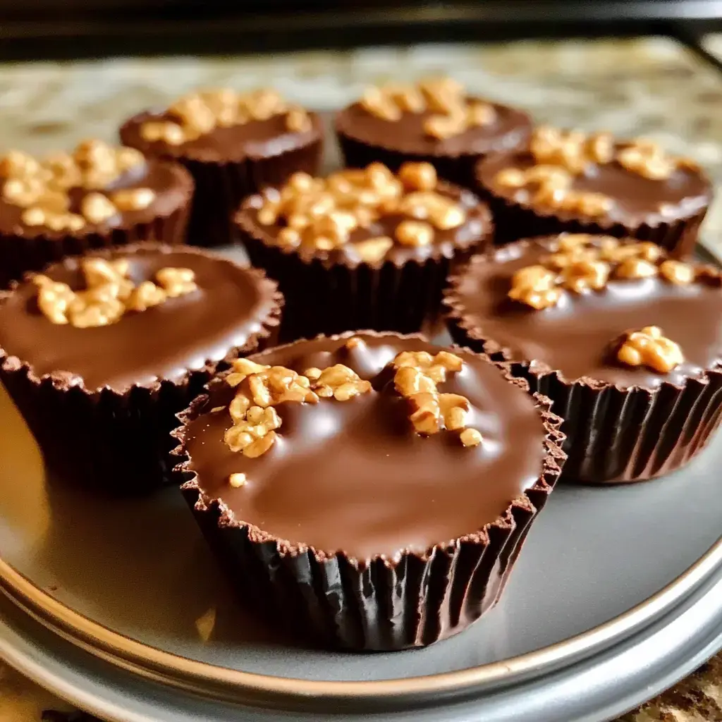 A close-up of chocolate cup desserts topped with crunchy toffee pieces, arranged neatly on a plate.