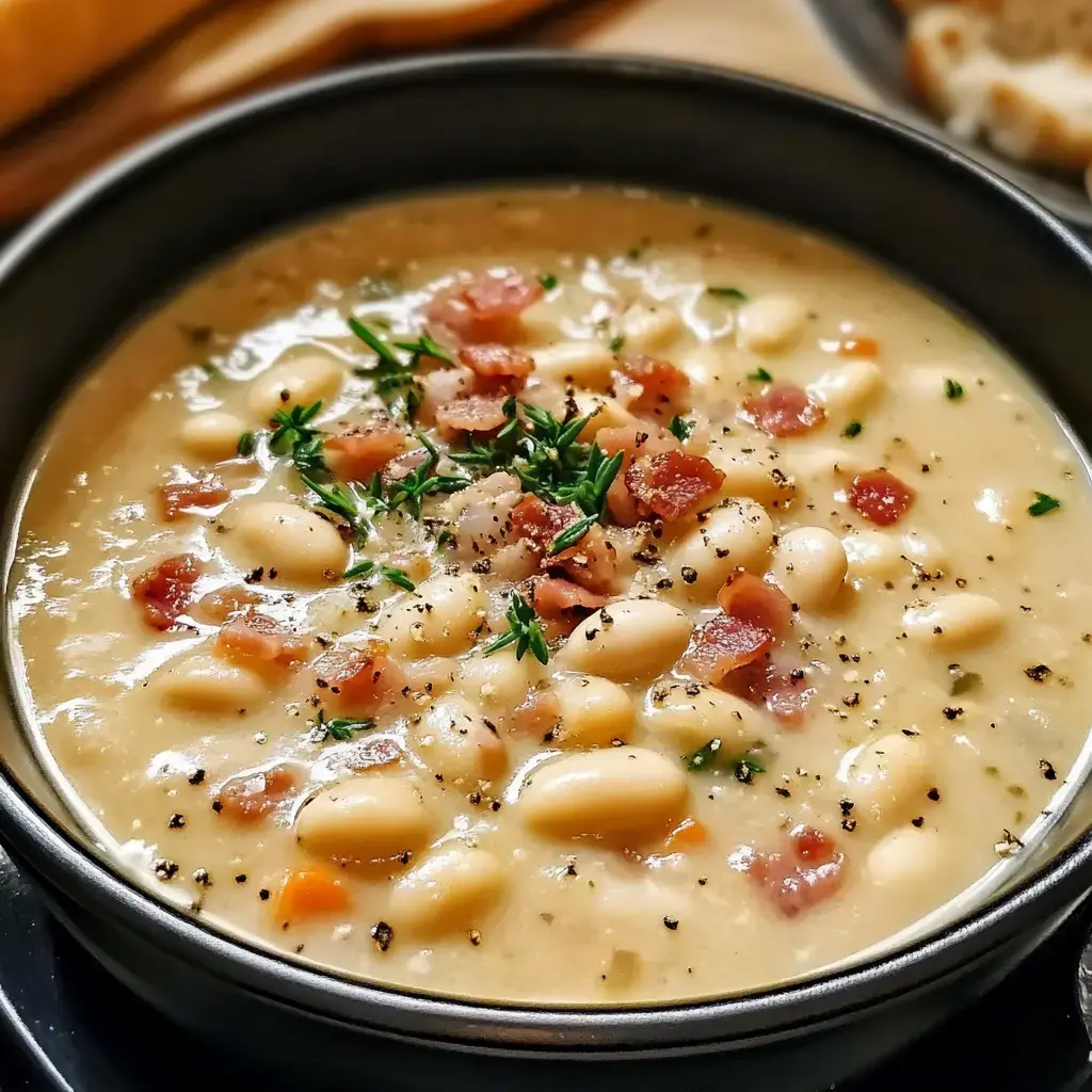 A close-up of a bowl of creamy bean soup topped with pieces of bacon and fresh herbs.