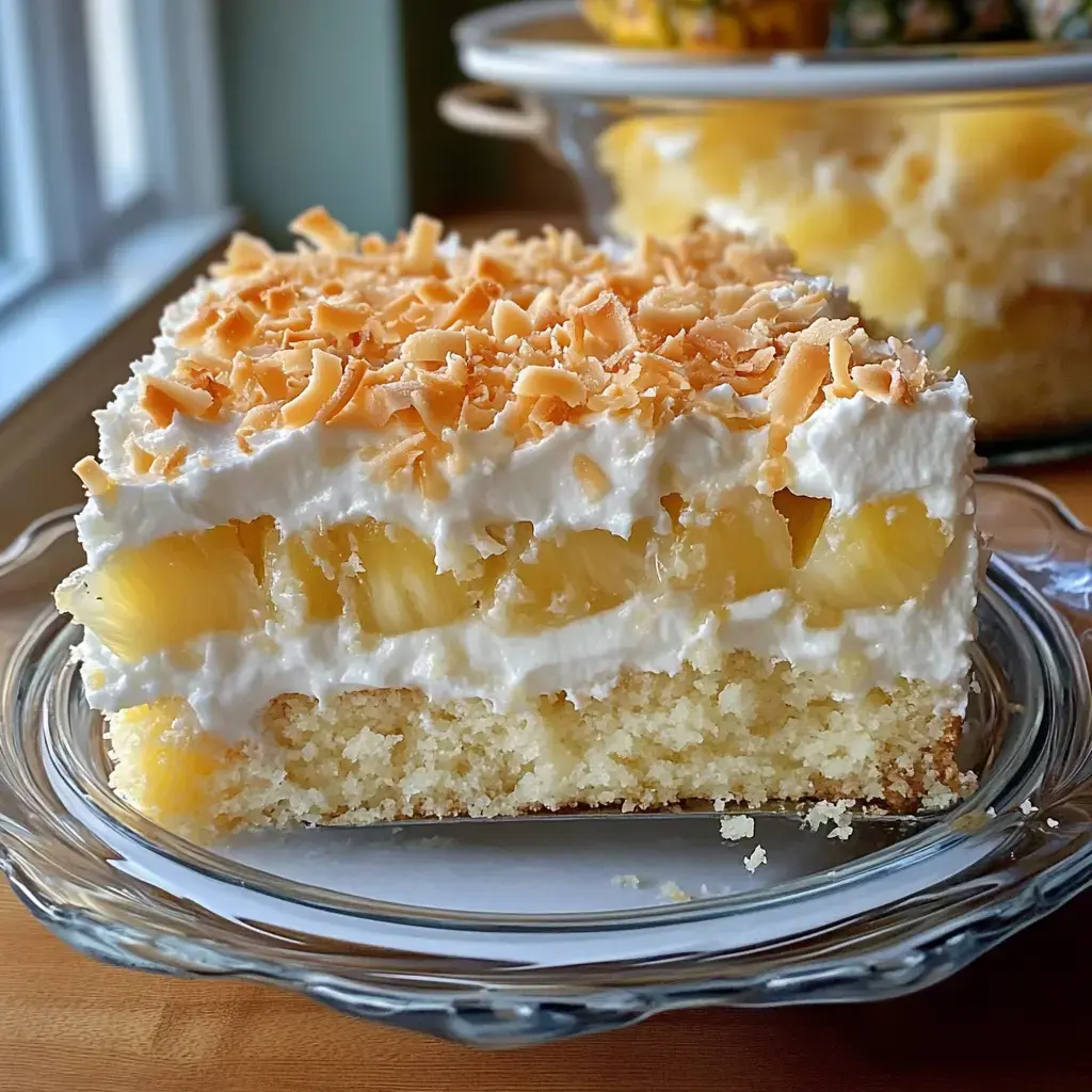 A slice of layered cake topped with whipped cream, pineapple chunks, and toasted coconut on a glass plate.