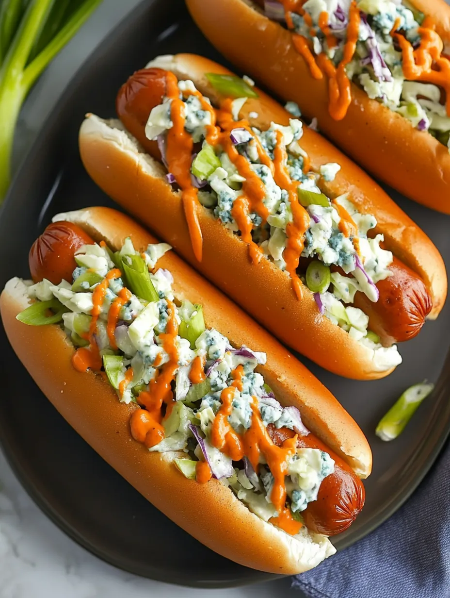 Spicy Buffalo Hotdogs with Blue Cheese Slaw