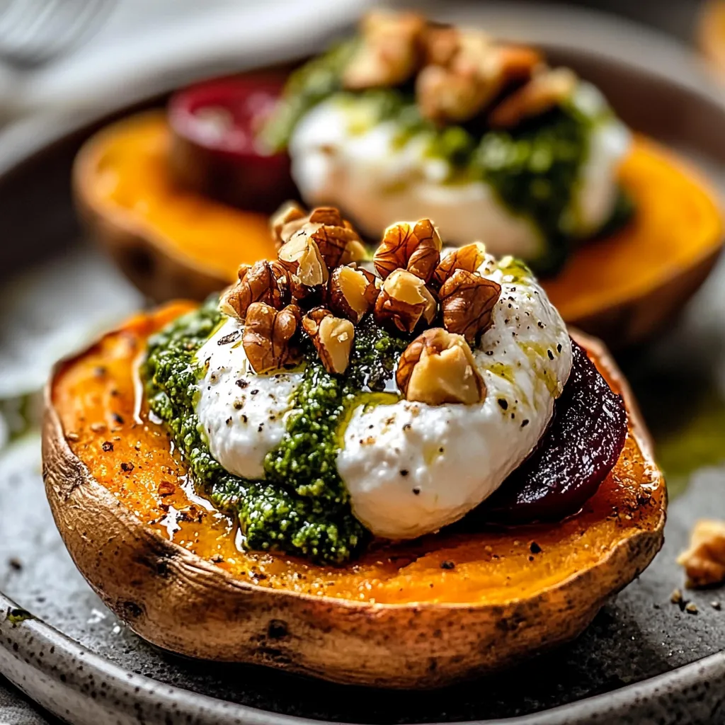 Delicious Sweet Potatoes with Burrata, Roasted Beets & Walnut Sage Pesto Recipe