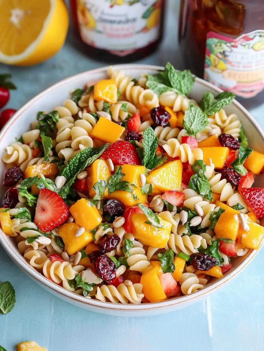 Spring Pasta Salad with Mango, Strawberries & Lemon Honey Dressing