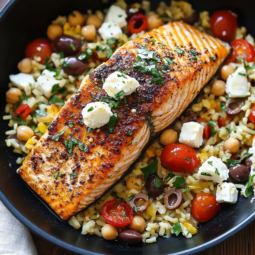 Mediterranean Salmon with Rice, Chickpeas, Olives & Feta
