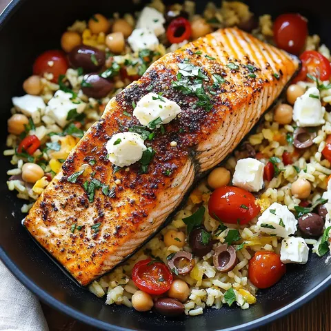 Mediterranean Salmon with Rice, Chickpeas, Olives & Feta
