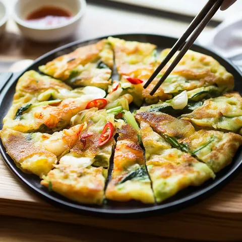 Korean Seafood Pancake (Haemul Pajeon) with Shrimp, Calamari & Scallions