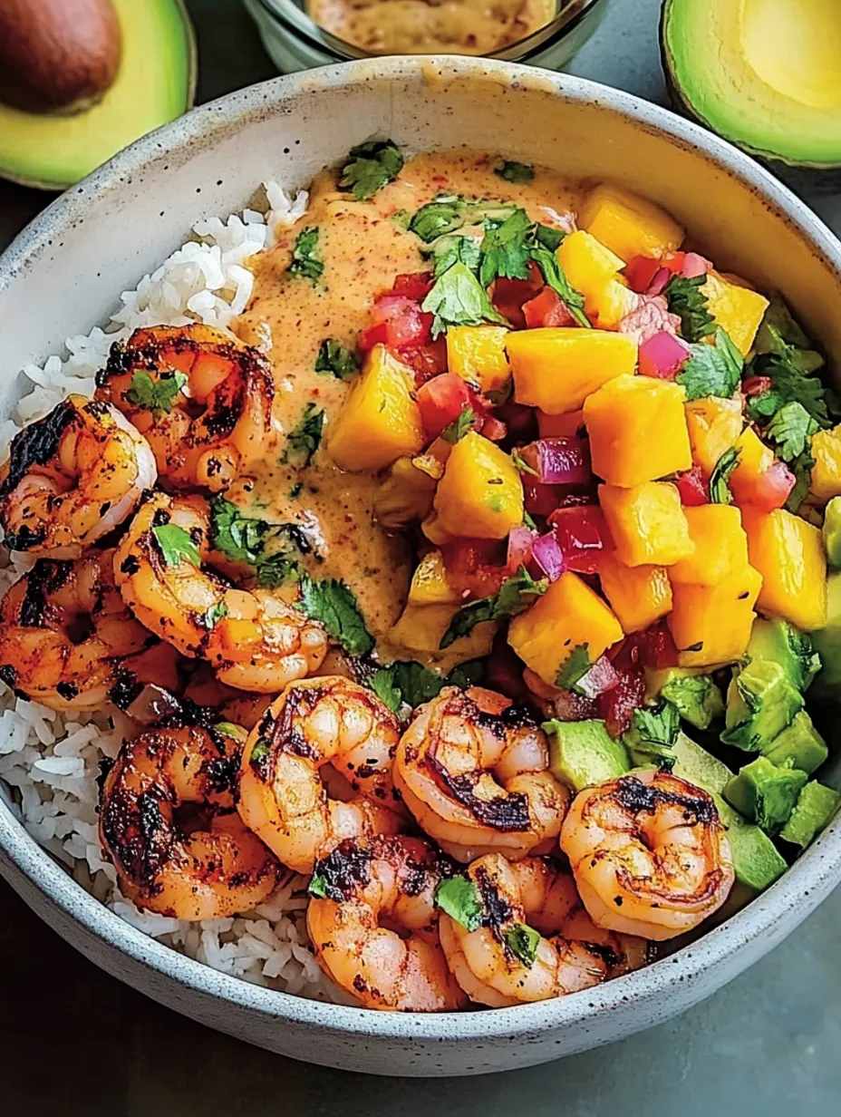Shrimp & Avocado Bowls with Mango Salsa and Lime-Chili Yogurt Sauce