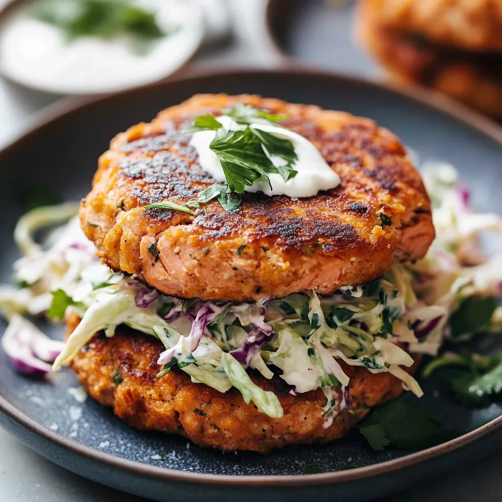 Salmon Burgers with Creamy Herb Slaw