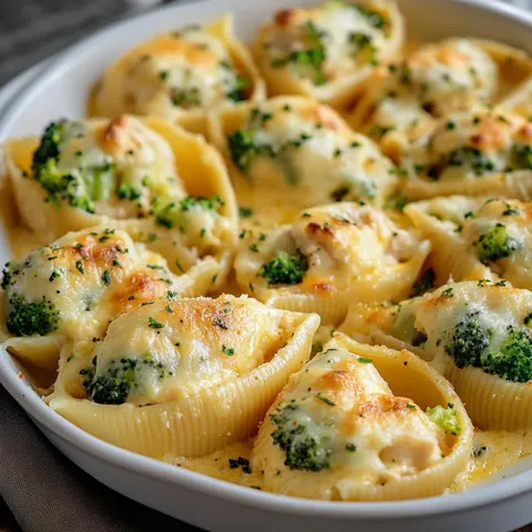 Chicken Broccoli Stuffed Shells with Alfredo Sauce