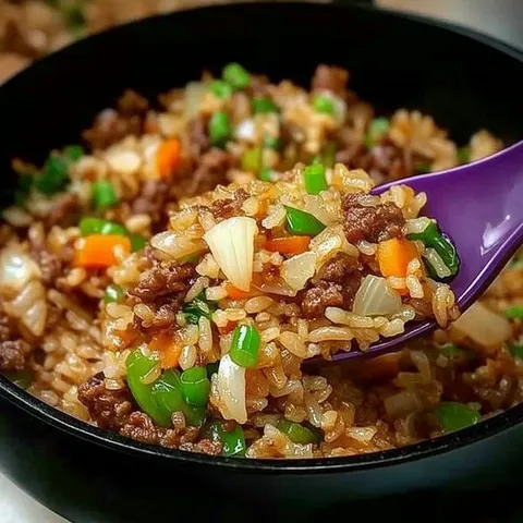 Onion Beef Fried Rice with Mixed Veggies