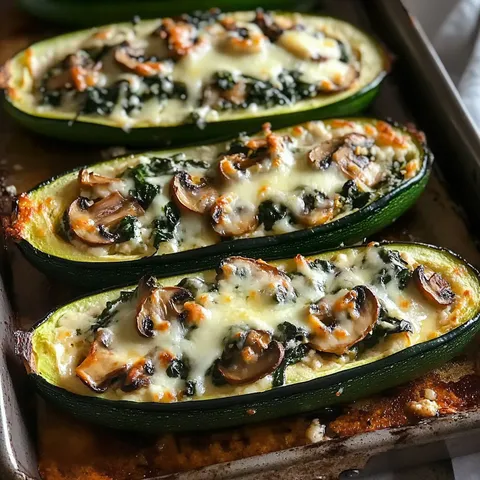 Spinach, Mushroom & Ricotta Stuffed Zucchini Boats