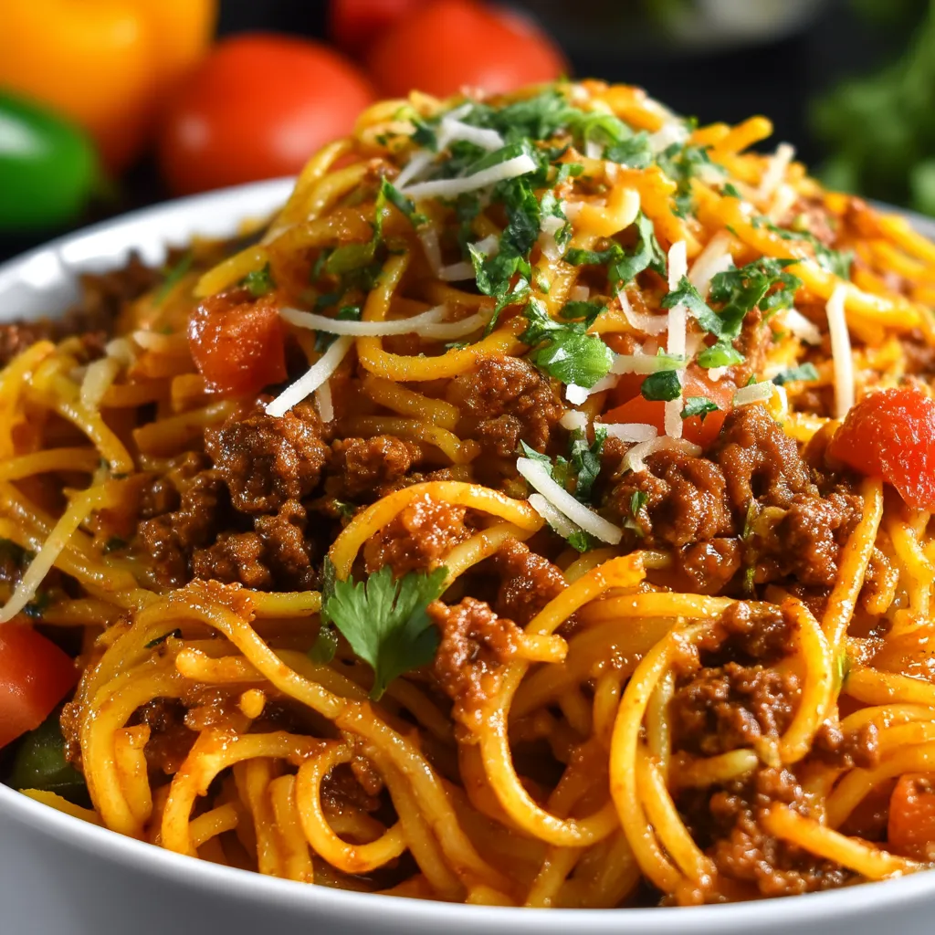 A comforting plate of spaghetti with taco-seasoned beef and sauce.