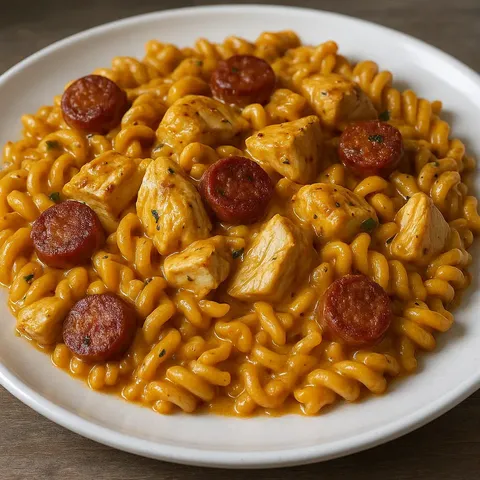 A plate of pasta with meat on top.