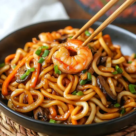 Shrimp Yaki Udon with Carrots, Mushrooms & Stir-Fry Sauce