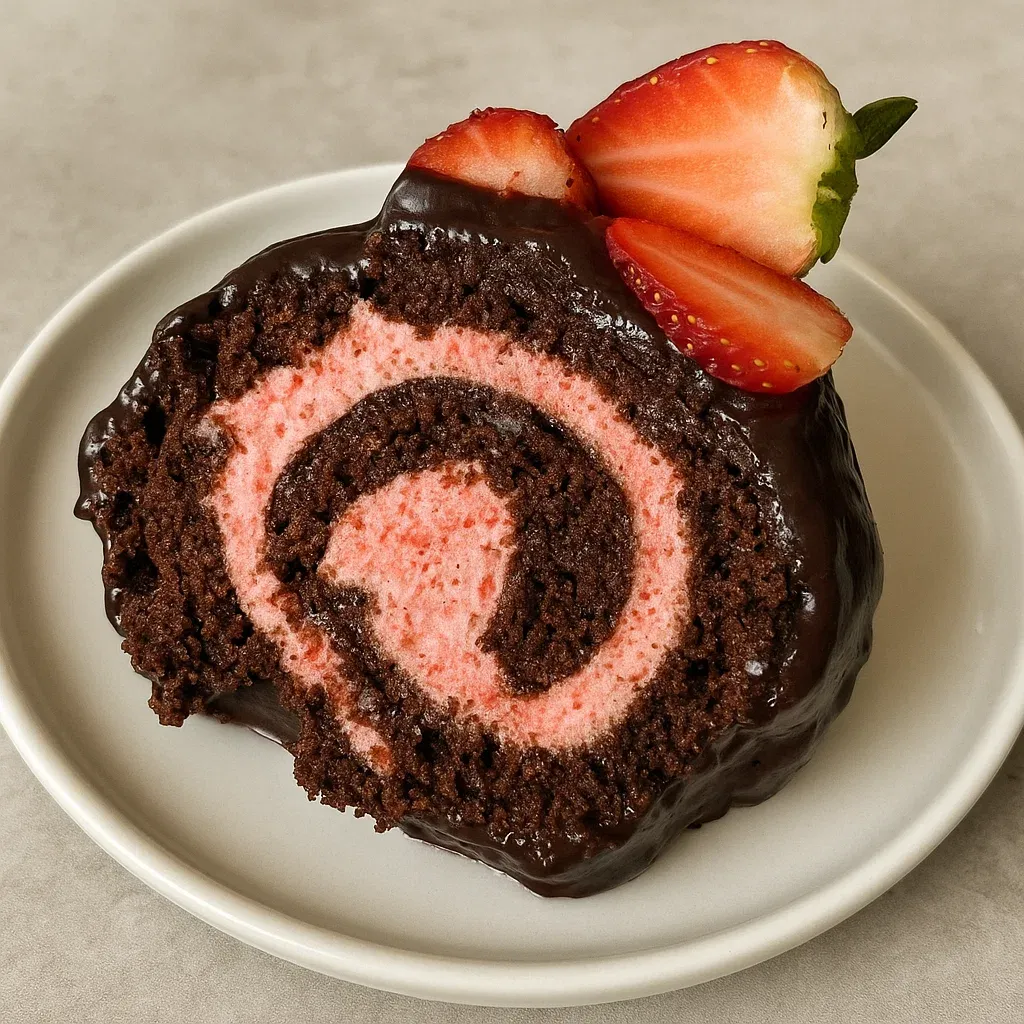 Chocolate cake roll with strawberry buttercream filling