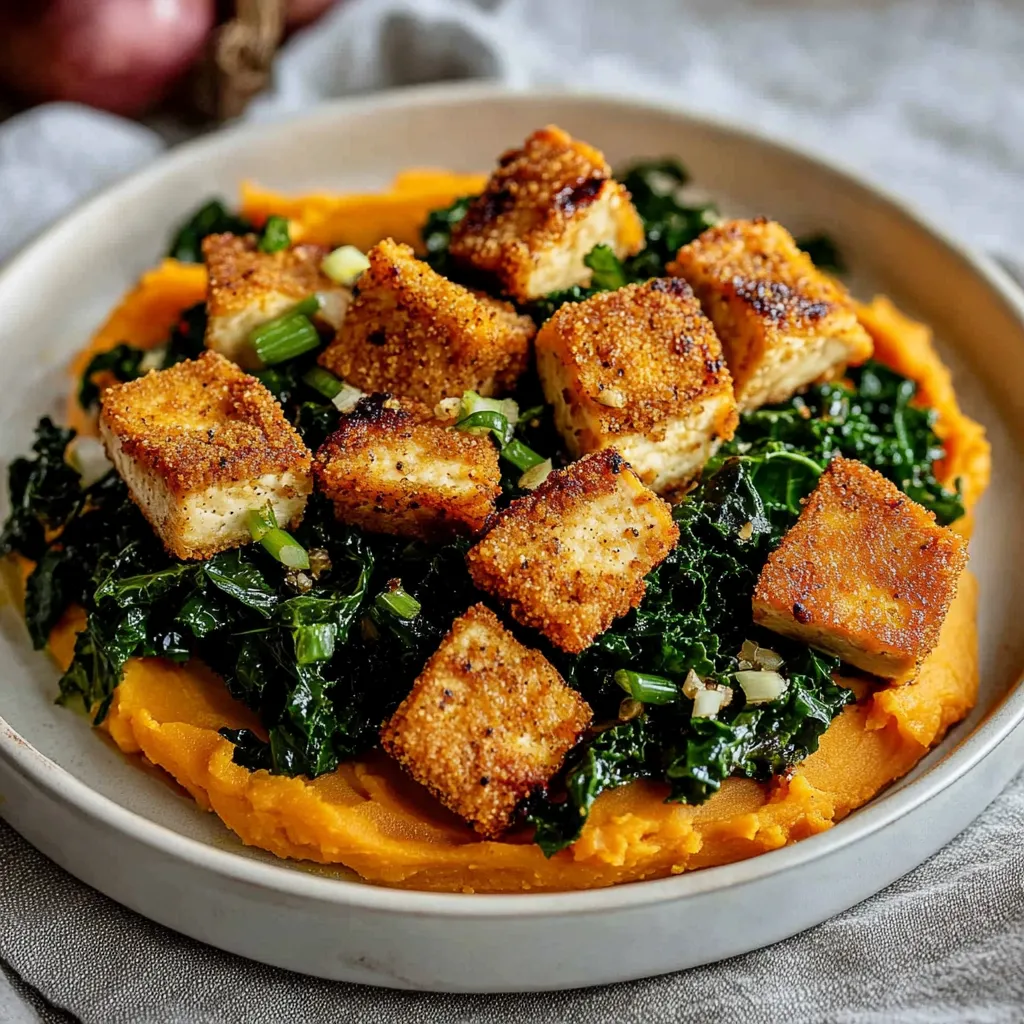 Maple Miso Whipped Sweet Potatoes with Crispy Cornmeal Tofu
