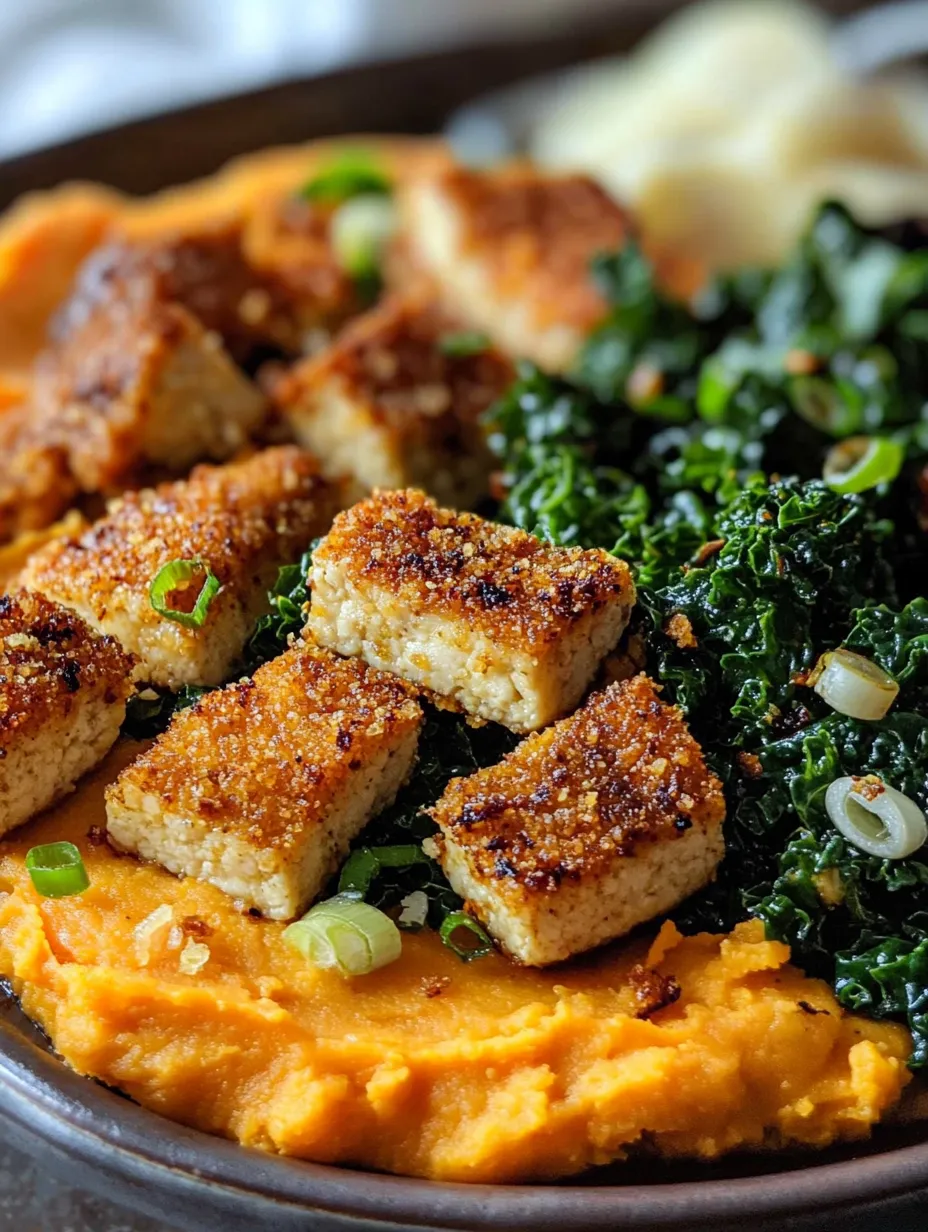 Maple Miso Whipped Sweet Potatoes with Crispy Cornmeal Tofu