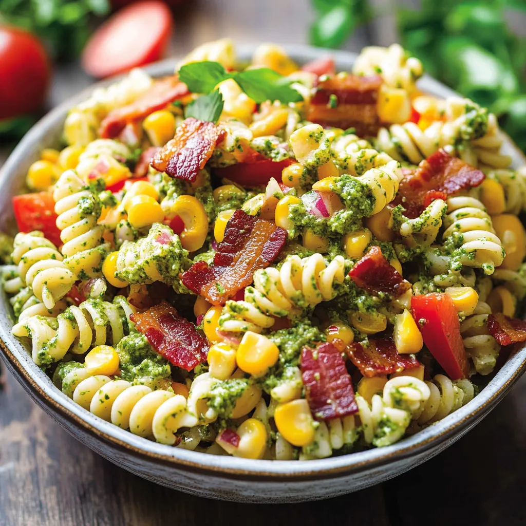 Corn Pasta Salad with Bacon and Creamy Pesto Dressing