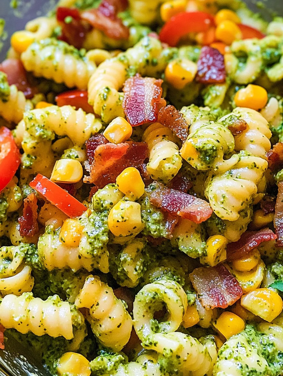 Corn Pasta Salad with Bacon and Creamy Pesto Dressing