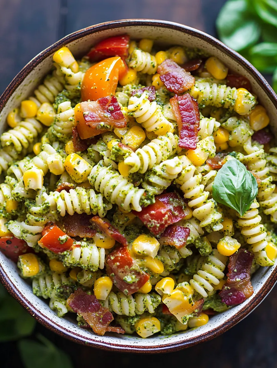 Corn Pasta Salad with Bacon and Creamy Pesto Dressing