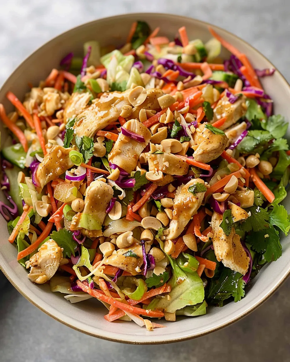 A bowl of Thai Peanut Chicken Crunch Slaw Salad.