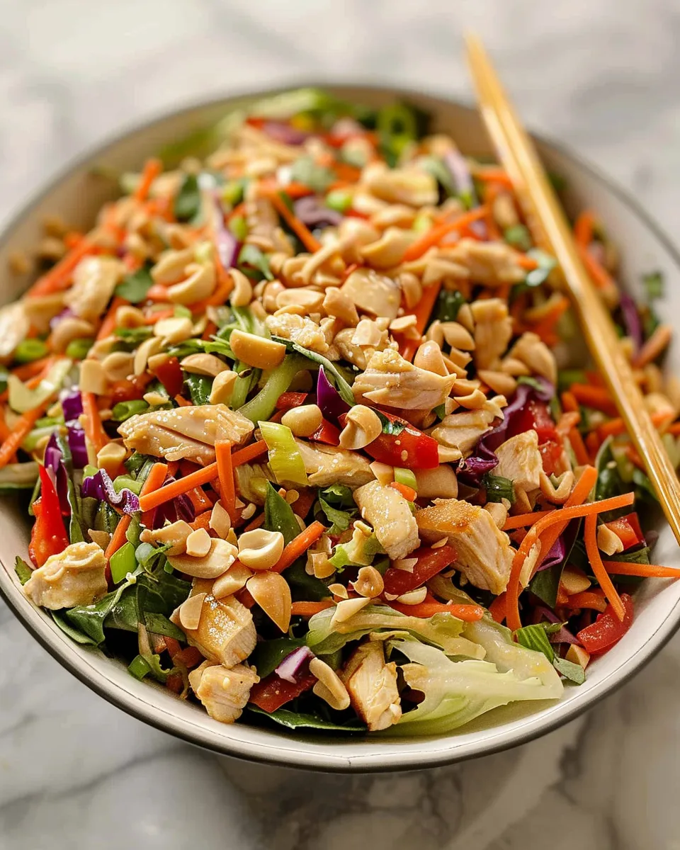 A bowl of Thai Peanut Chicken Crunch Slaw Salad.