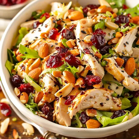 A bowl of Asian chicken cranberry salad.