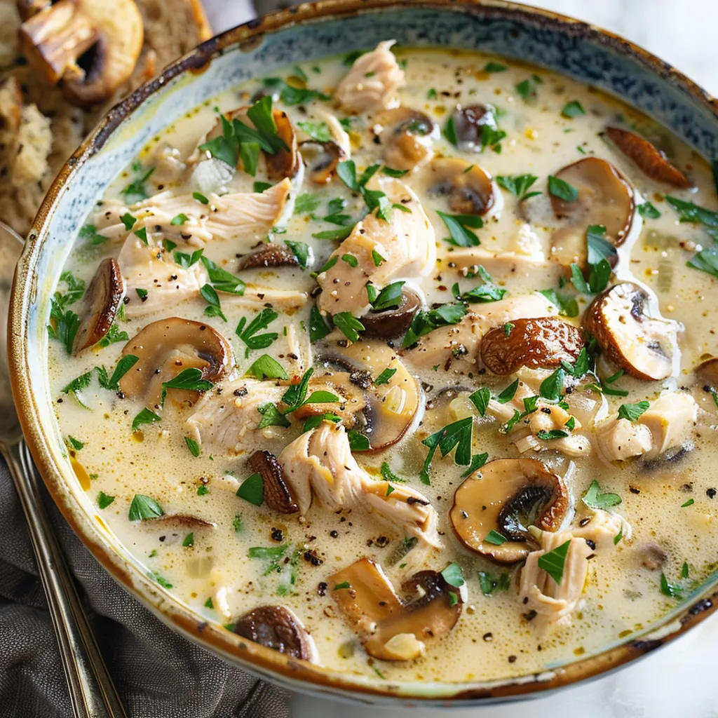 A bowl of soup with chicken and mushrooms.