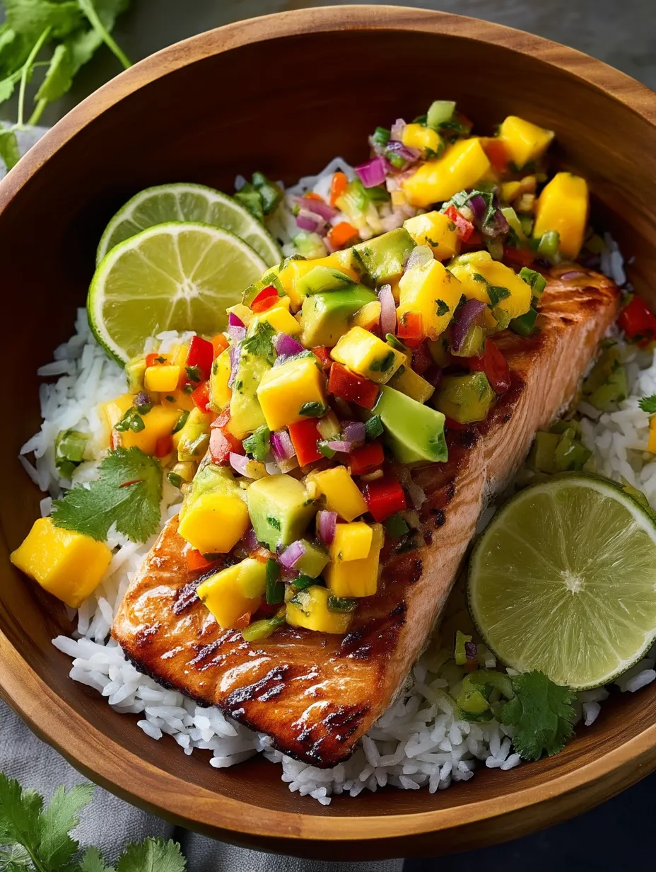 Grilled Salmon with Mango Salsa & Coconut Rice