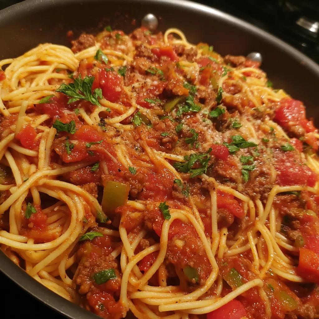 Rich spaghetti meat sauce with pasta