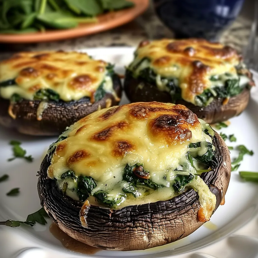 Three portobello mushrooms stuffed with spinach and cheese.