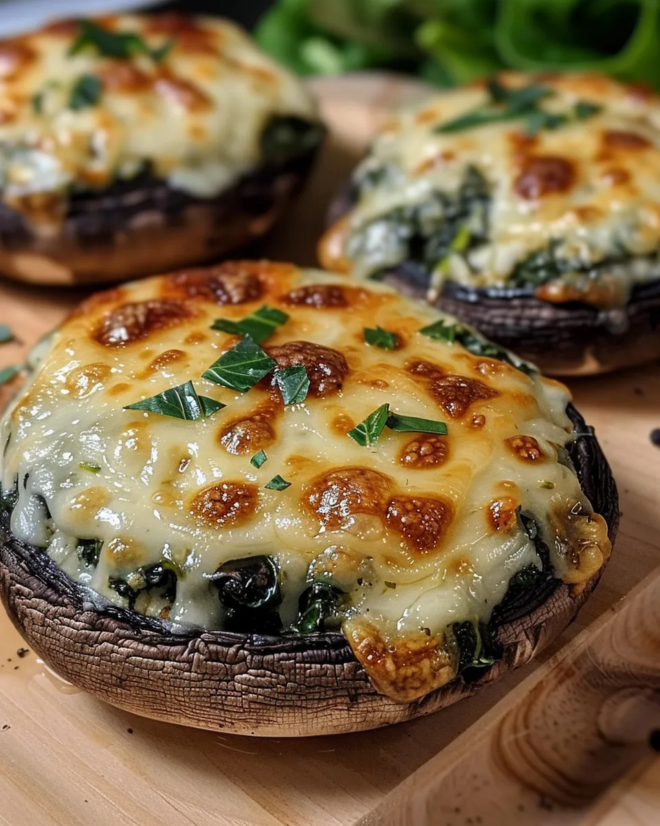 Three portobello mushrooms stuffed with spinach and cheese.