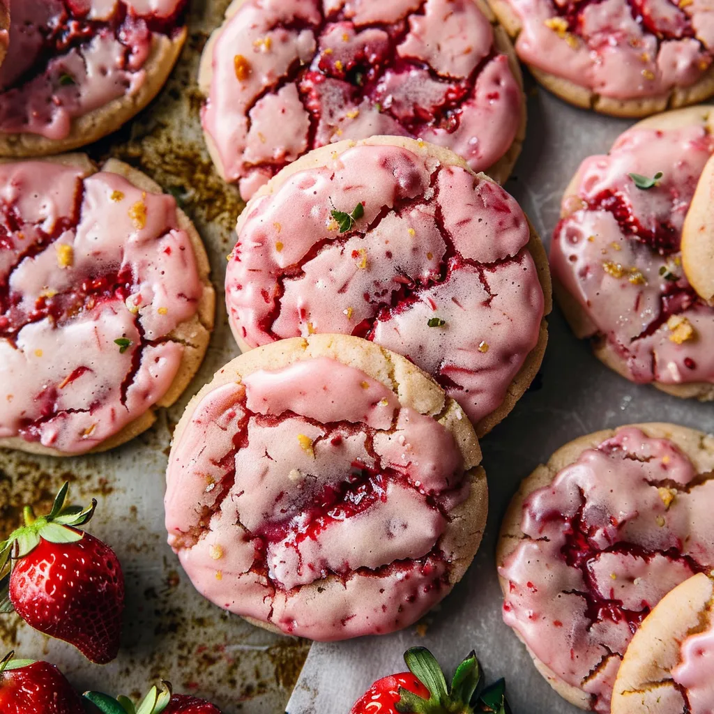 A close up of a pink sugar cookie with strawberry jam in the middle.