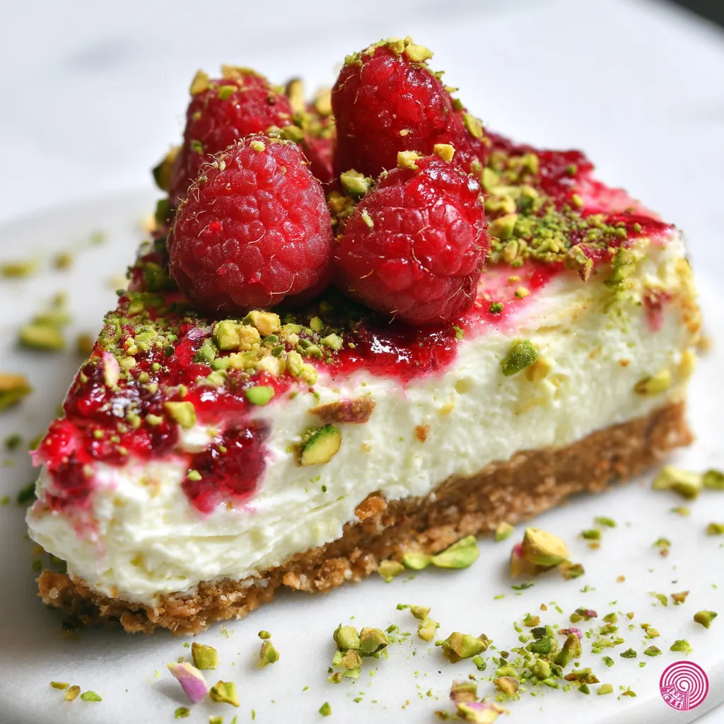 A slice of raspberry and pistachio cheesecake on a plate.