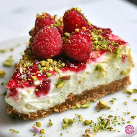 A slice of raspberry and pistachio cheesecake on a plate.