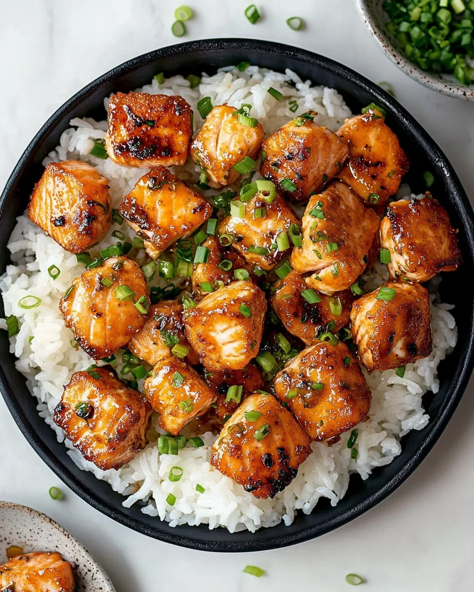 A bowl of rice with chicken and green onions.