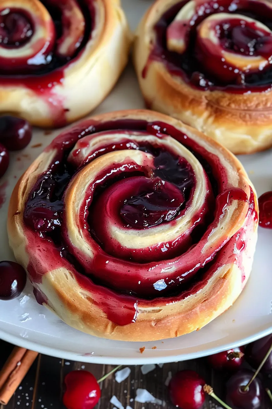 A plate of cherry cinnamon rolls with homemade filling.