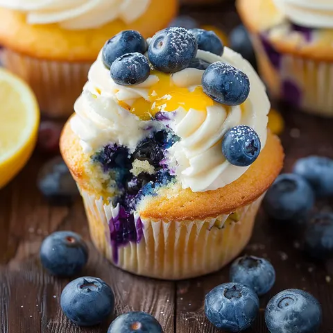 A cupcake with blueberries and lemon on top.