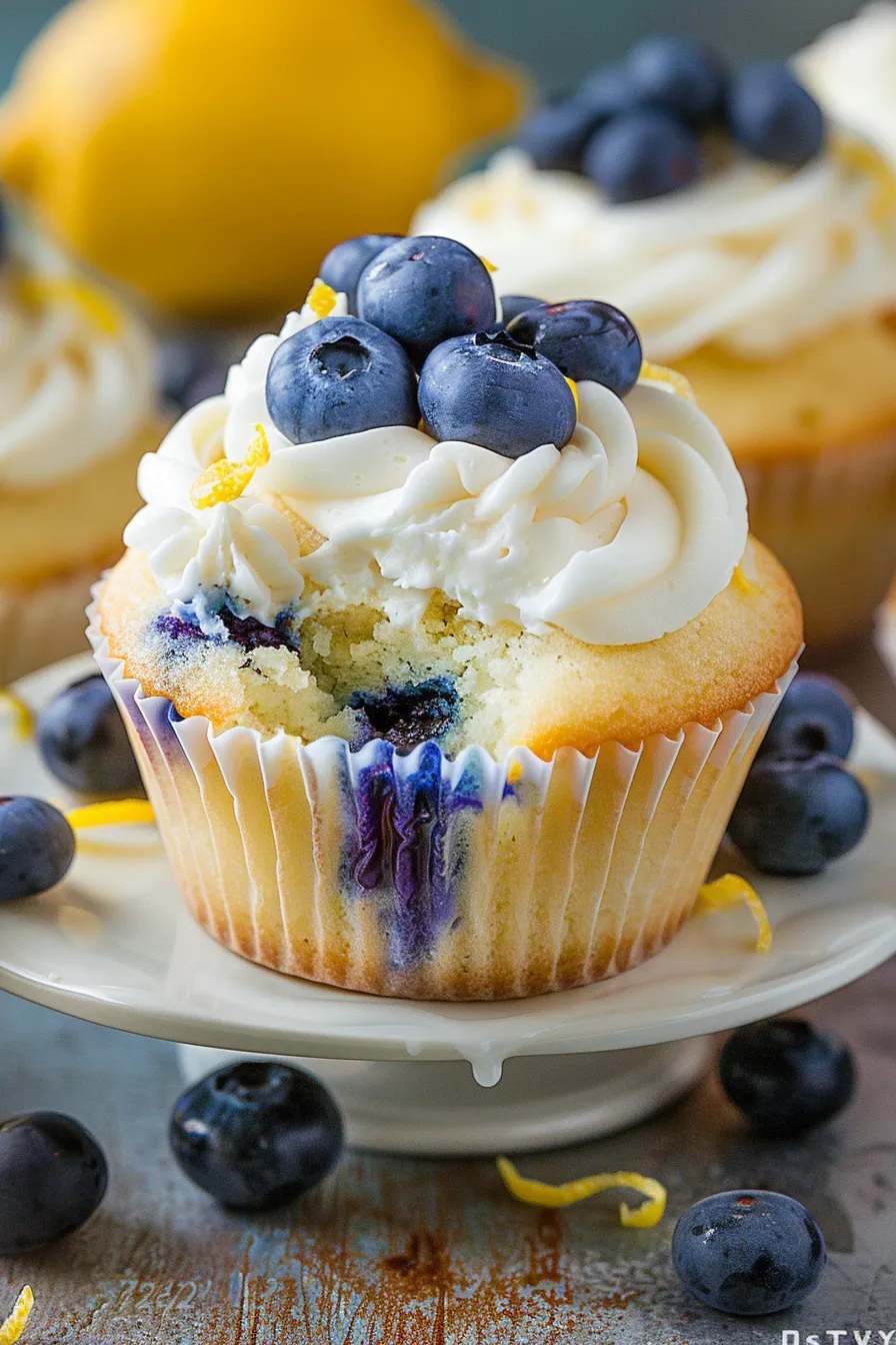 A cupcake with blueberries and lemon on top.