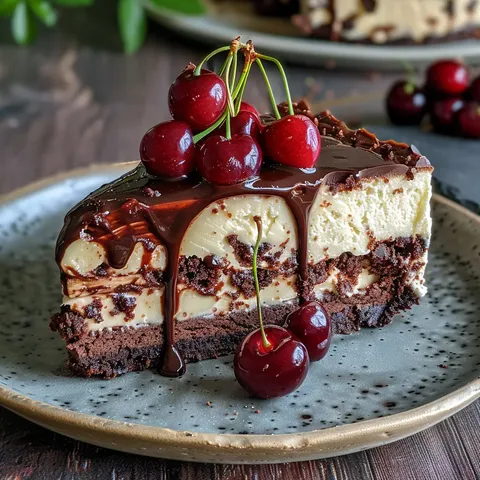 A slice of black forest cheesecake with cherries on top.