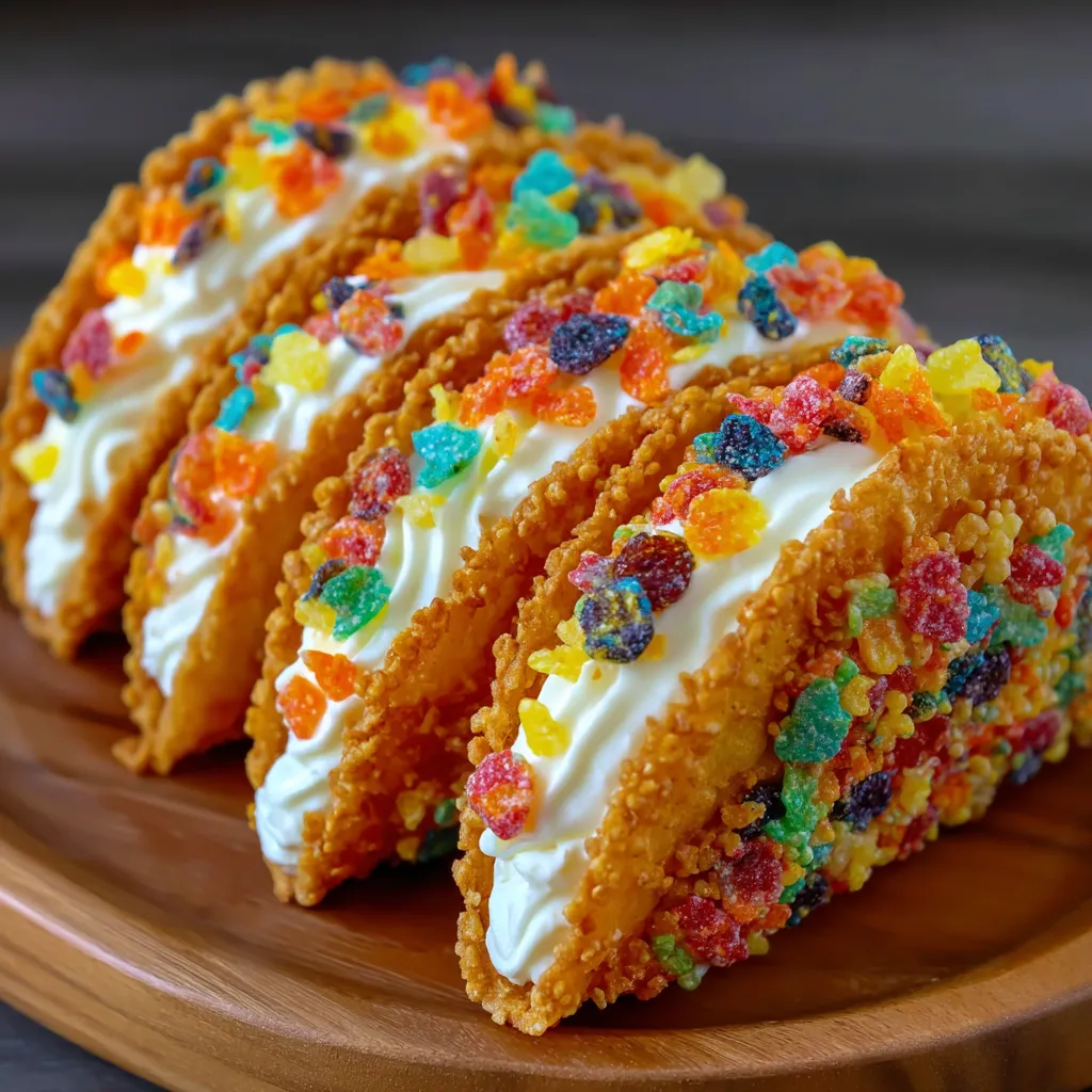 A plate of Fruity Pebbles Cheesecake Tacos.