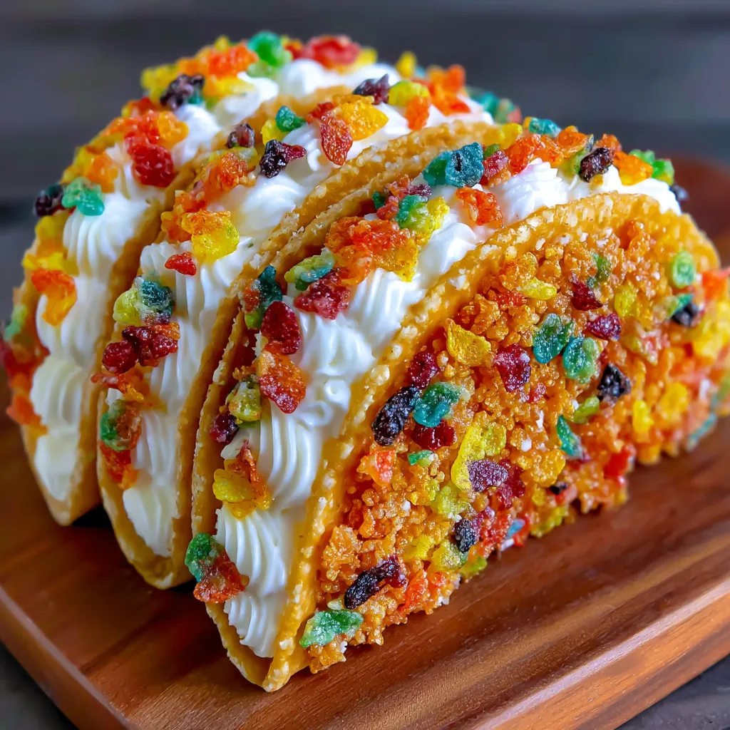 A taco with a white cream filling and colorful cereal toppings.