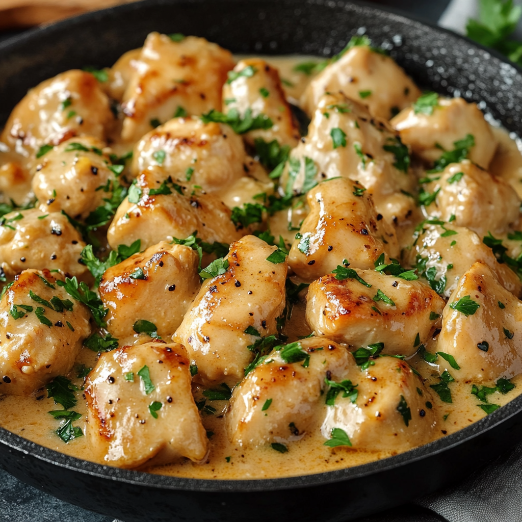 A skillet of butter chicken with green herbs.