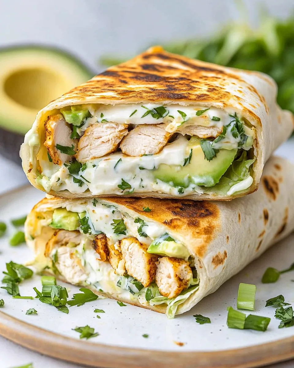 A chicken and avocado wrap on a plate.