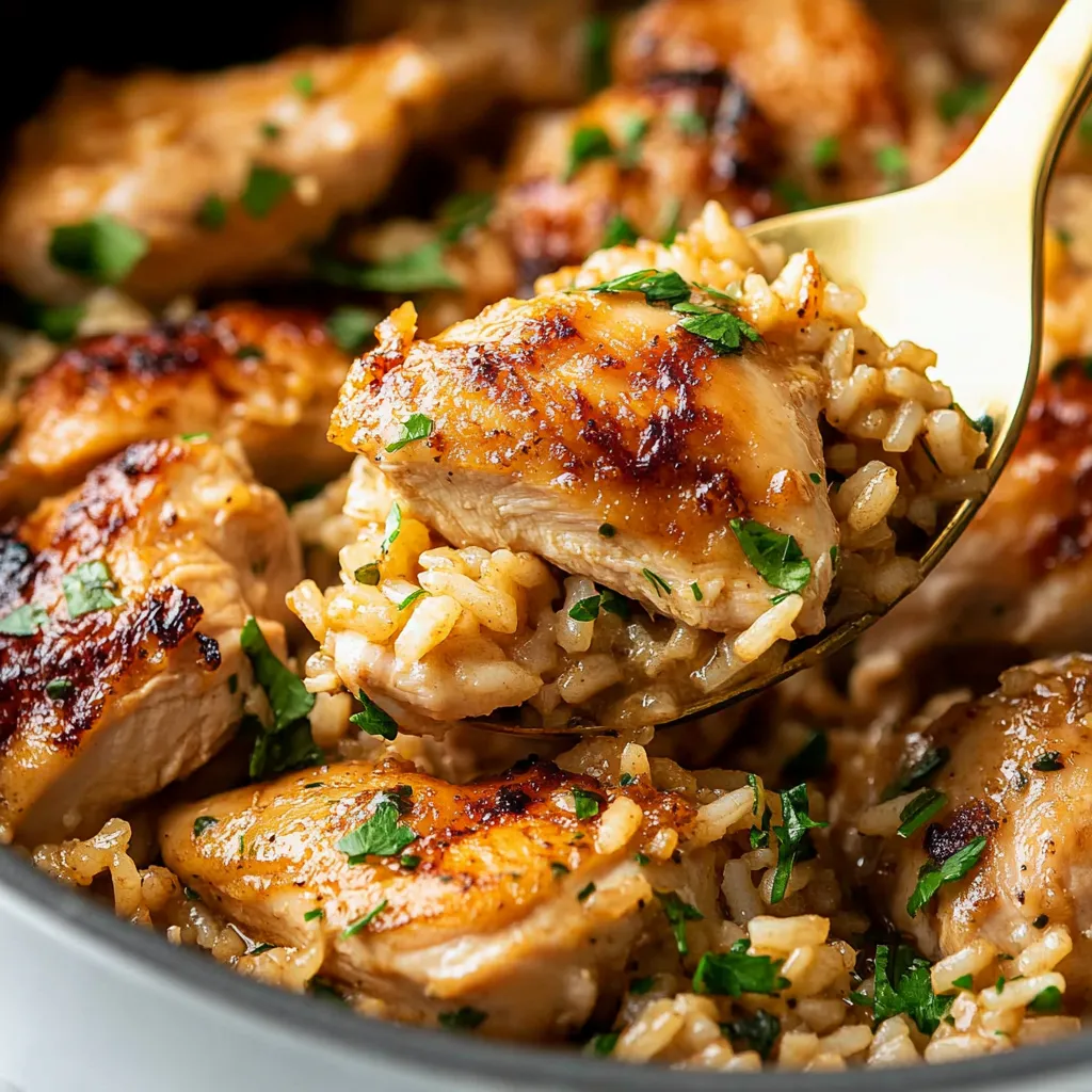 A spoon is in a bowl of rice and chicken.