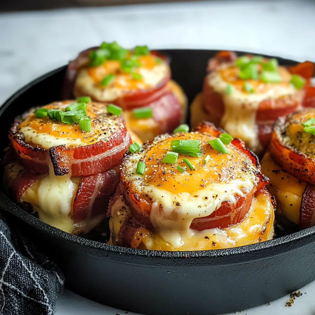 A pan of bacon wrapped around tomatoes.