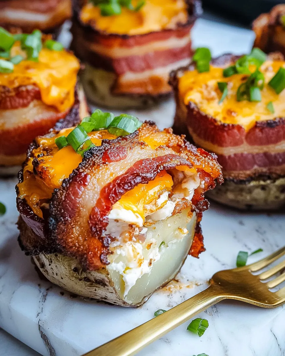 Bacon wrapped potatoes with cheese and bacon.