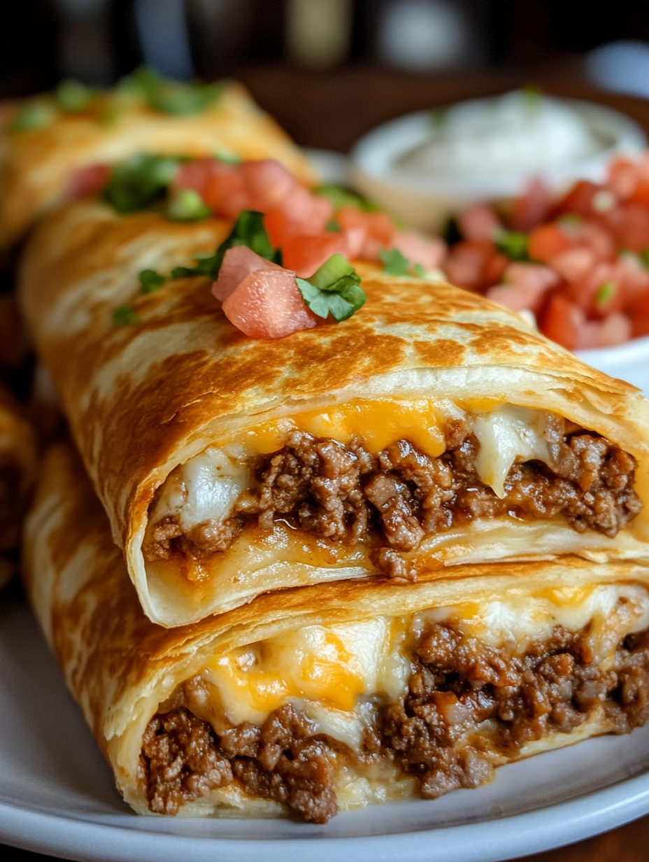 Two beef and cheese chimichangas on a plate.