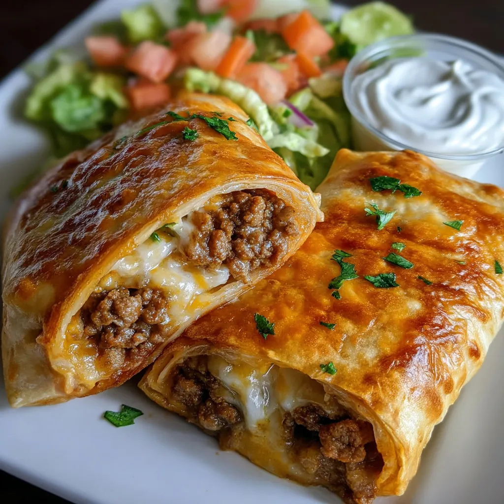 Two beef and cheese chimichangas on a plate.